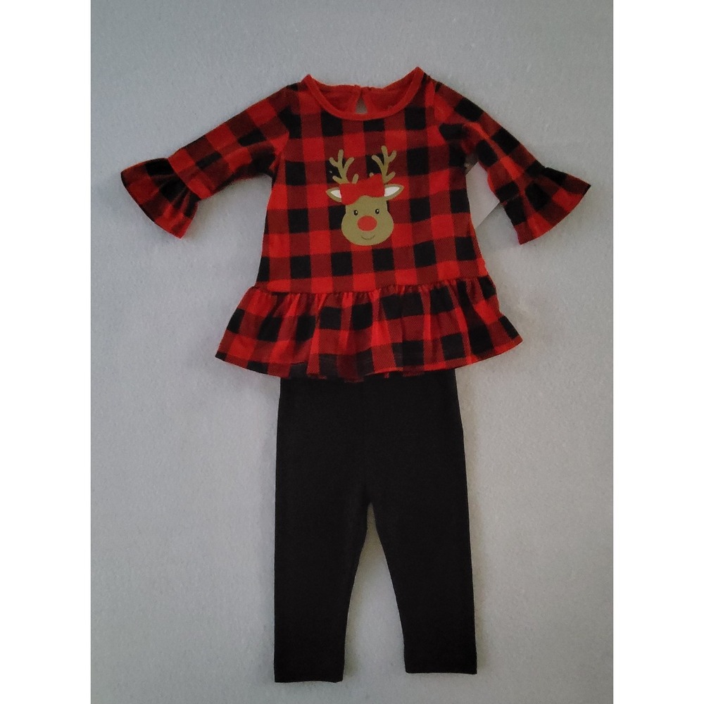 Planet‎ Cotton Girls Reindeer Top & Pants 2 Pc Apparel Set NB Red/Black